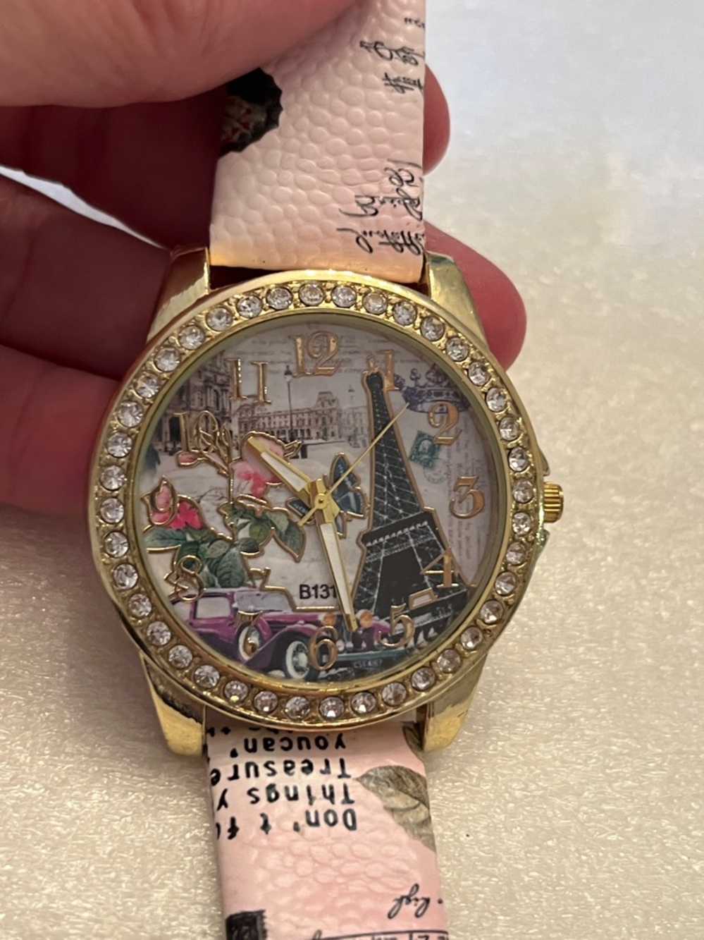 Pink Paris-Themed Crystal Accent Fashion Watch